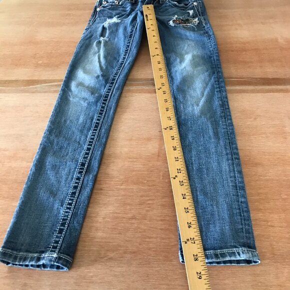 Miss Me Signature Cuffed Skinny Jeans Women 25 Blue Low Rise Aztec Patch Flap - Picture 8 of 16